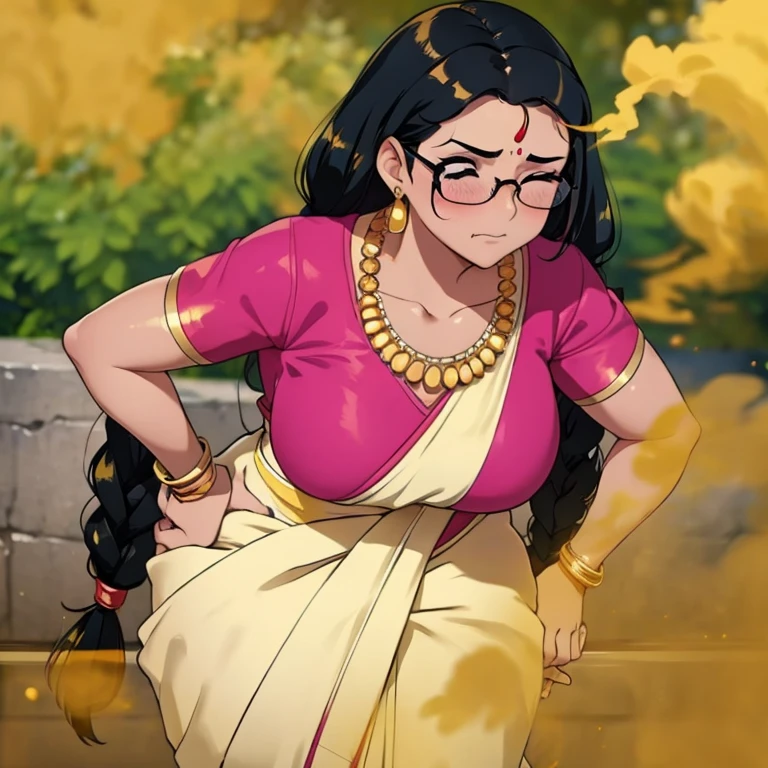 solo, 1female, indian teenage girl, black hair, hair tied in braids, tomboy hair bang, wearing glasses, blushing intensely, skinny body, dark skin, clenching teeth, smiley face, one eye closed, soft lips, red saree, wearing red saree, wearing golden necklace and earrings, wearing golden bracelets, bend over, letting out fart, massive fart, yellow smoke rising, hand on tummy, sexy body, bending forward, leaning, hand on stomach, alone by riverside