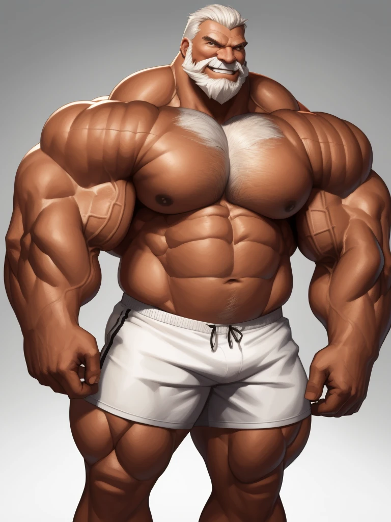 solo, 1boy, perfect anatomy, perfect proportion, smile, grinning, big eyes, happy. Huge Muscular Old man wearing corwn and king cloack with short hair ,(white shorts), view from side, pectoral, thick arms, huge pectoral, wide pectoral, white hair, white beards, simple background, masterpiece, semirealistic:1.2, high detailed, 8k, high resolution, perfect center, full view. ((really big muscle, massive muscular, sixpack, thick arms, wide pectoral, super huge muscle, hyper muscular, over sized muscle, huge arms, big arms, huge pectoral))