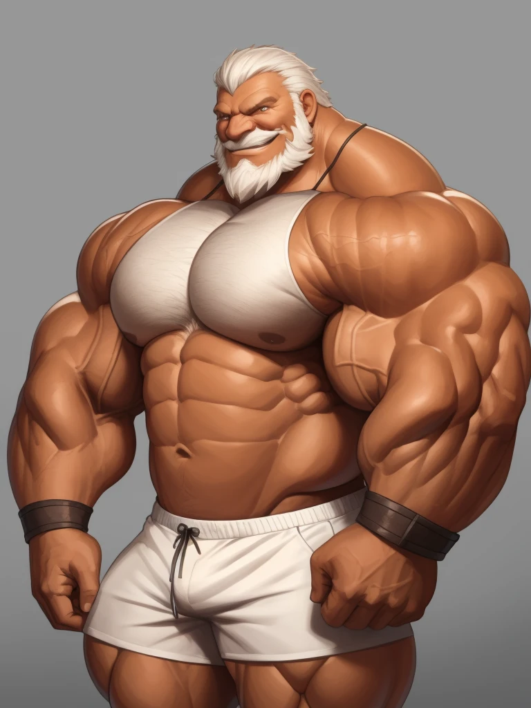 solo, 1boy, perfect anatomy, perfect proportion, smile, grinning, big eyes, happy. Huge Muscular Old man wearing corwn and king cloack with short hair ,(white shorts), view from side, pectoral, thick arms, huge pectoral, wide pectoral, white hair, white beards, simple background, masterpiece, semirealistic:1.2, high detailed, 8k, high resolution, perfect center, full view. ((really big muscle, massive muscular, sixpack, thick arms, wide pectoral, super huge muscle, hyper muscular, over sized muscle, huge arms, big arms, huge pectoral))