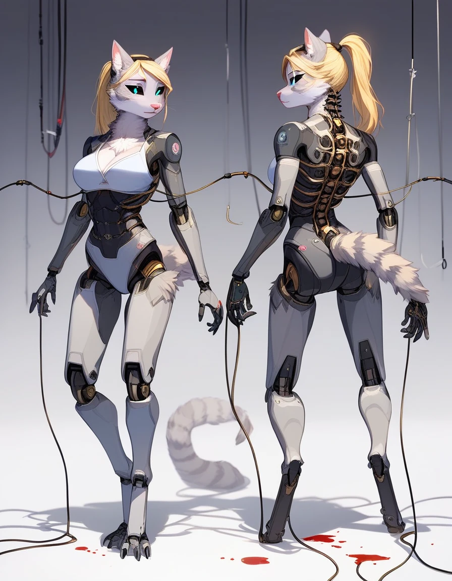 (((masterpiece)))、((top-quality))、(The ultra-detailed)、8K、(Very noble and beautiful))、Cinematic Light、((1 Mechanical anthropomorphic feline girl, Kat, blonde hair in a ponytail, pink nose, :3, silver fur, )) black ceramic body、luminescent android blue eyes, black sclera 、The cleavage is visible、Single、(Mechanical joint:1.4)、((Mechanical limb))、(Blood vessels attached to tu(Mechanical spine attached to the back))、((Mechanical cervical vertebrae attached to neck))、(Wires and cables attached to the head and body:1.5)、 neon details、Science fiction、full body shot, The background is Cyberpunk City、