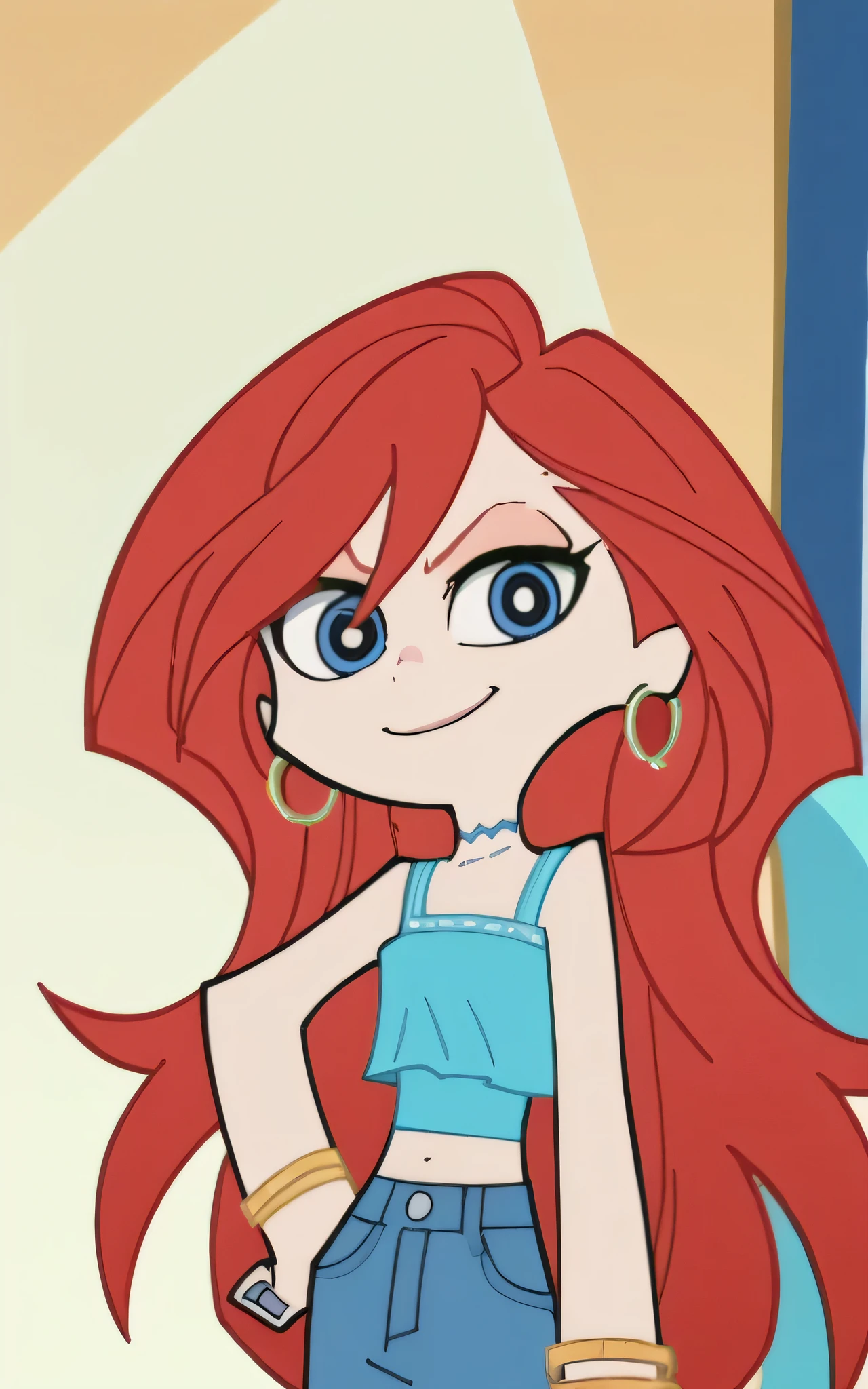 p&s style, rating_safe, score_10, sharp, anime screencap, flat shadows, flat colors, chelsea, 1girl, midriff, upper body, choker, smile, jewelry, very long hair, standing, red hair, earrings, shoes, pants, blue eyes, aqua ruffle crop top, denim, blue nails, jeans, hoop earrings, blue pants, high school park background, looking at viewers, solo, hands on hip