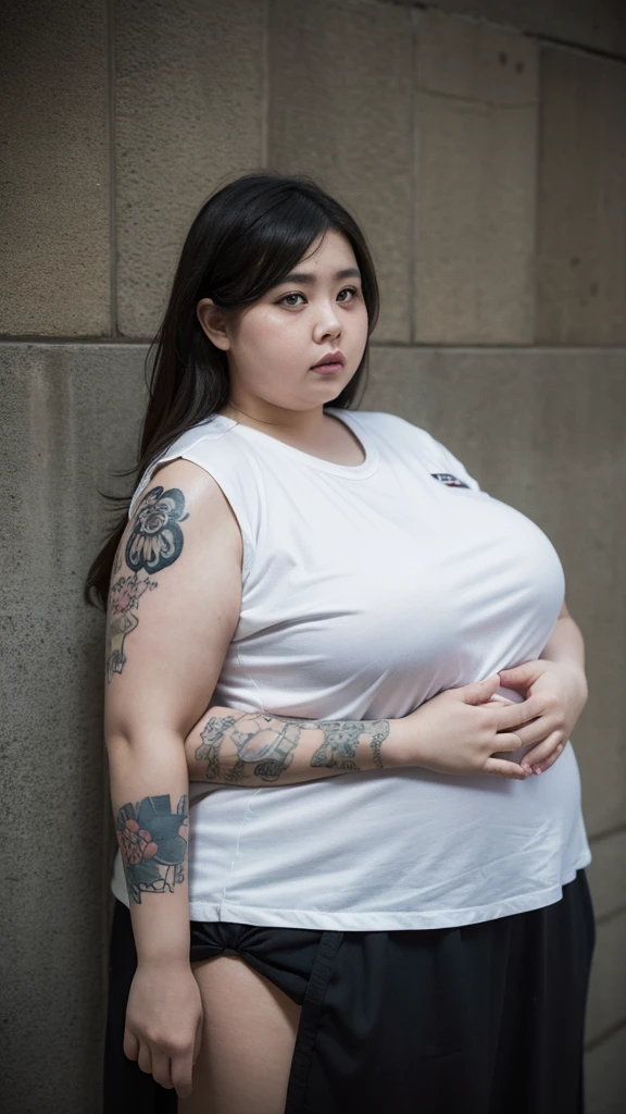 (PICTURE REALISTIC),(perfect photography), 1womanl (very fat and obese 2.5) japanese, wearing prison clothes, body with tattoos, is inside a prison, Serious look at the camera,