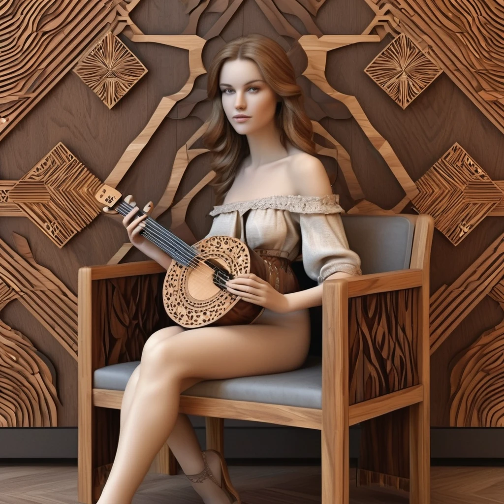 Geometric pattern, wood inlay, Western beauty sitting on a chair and playing a musical instrument, super delicate, photo, 3D