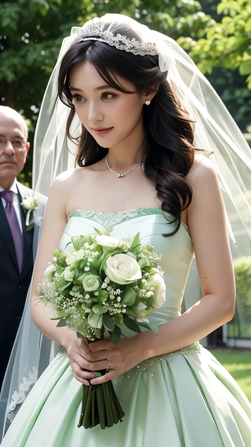 A woman wearing a green veil and green wedding dress at a wedding and holding a green bouquet