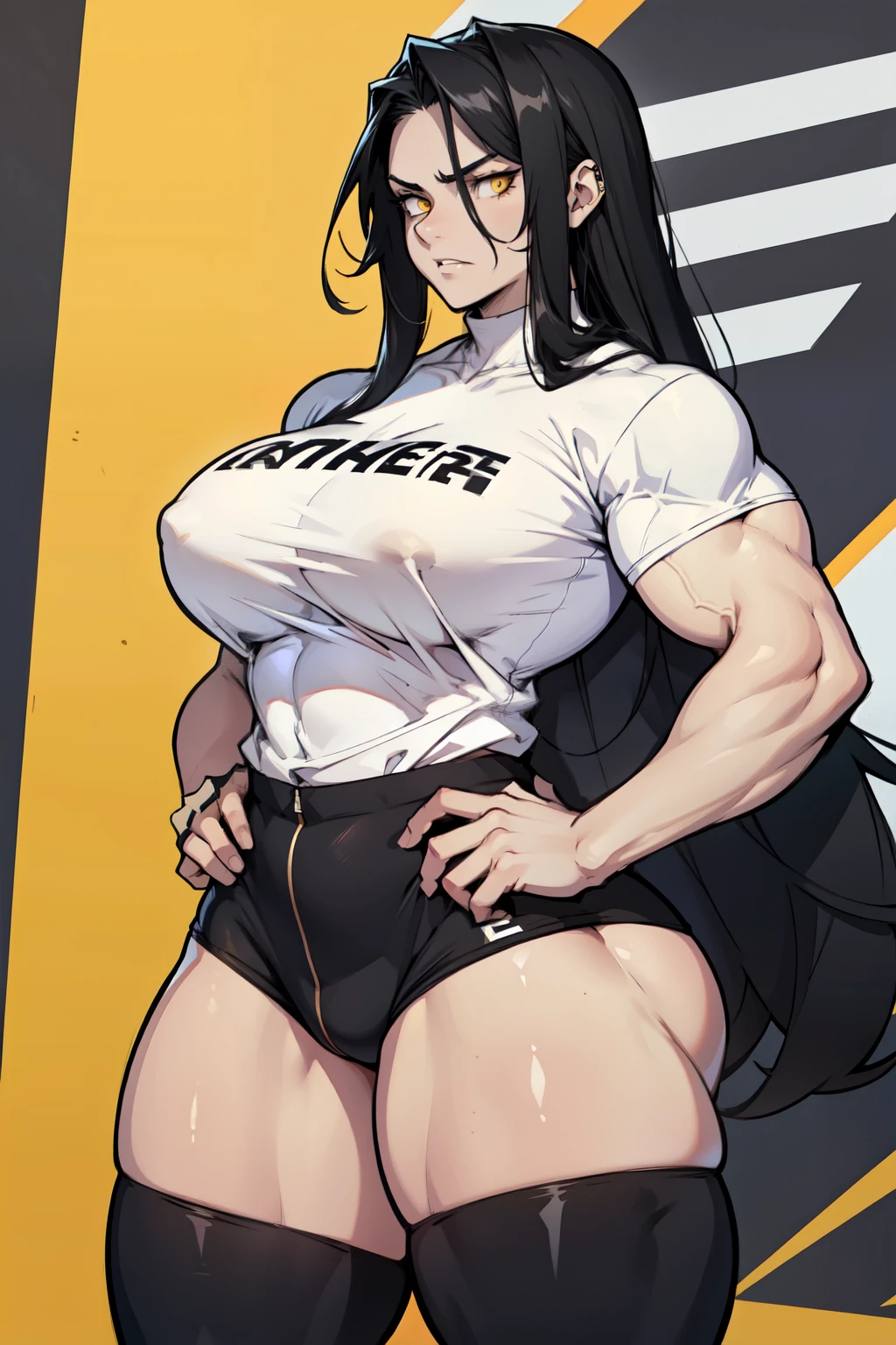 pale skin very long hair 1 girl black hair yellow eyes angry ((1 girl muscular toned body)) bodybuilder curvy wide hips thick thighs tight shirt huge 