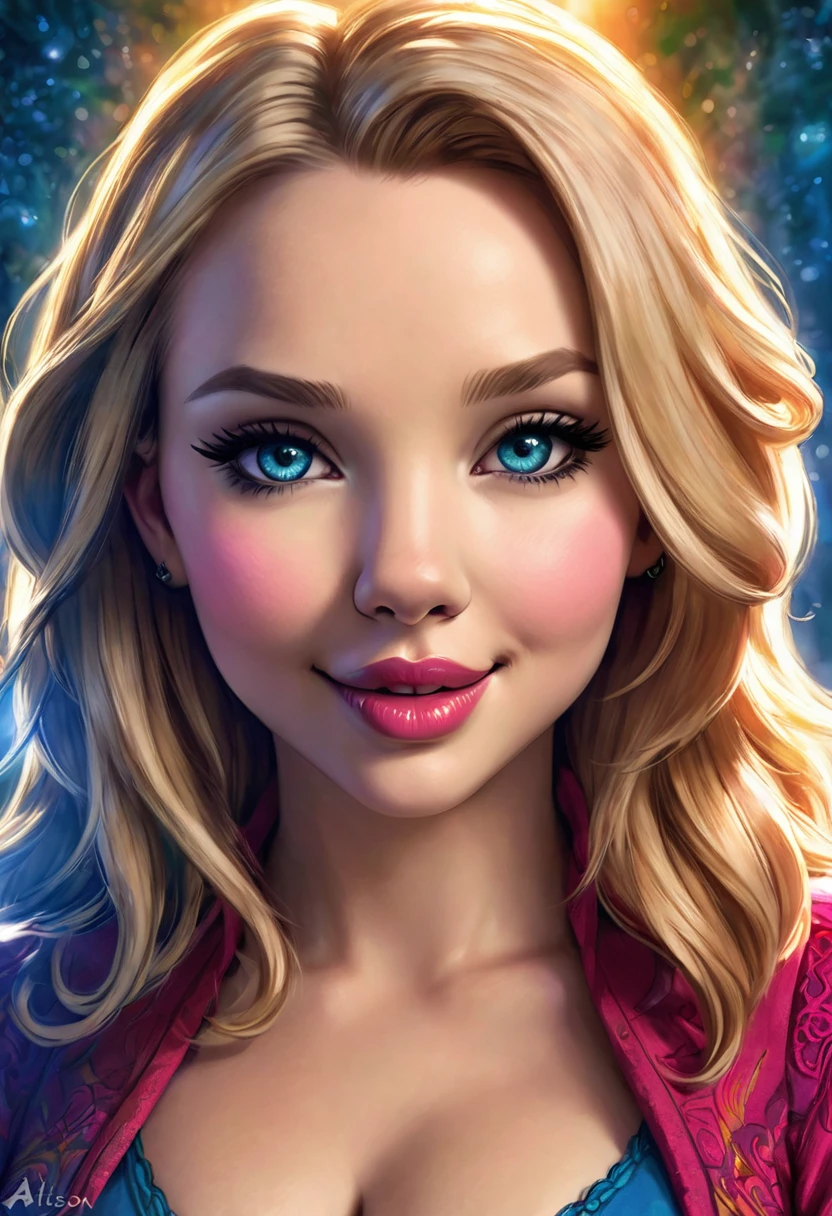 Create an illustrated, hand-drawn, full-color image of an humanoid, hybrid, anthropomorphic, sexy pig woman. The artwork should be rendered in the style of "Breath of the Wild," featuring warm lighting and shadows. Include graphite shading, stencil marks, and airbrushed acrylic paint effects. The image should be of the highest quality, a masterpiece with intricate details. The pig woman should have a female, humanoid, appearance. She should have luscious lips, a wide smile, and bright, expressive eyes, exuding beauty, cuteness, and adorableness. Ensure the image is high resolution and sharply detailed, with a detailed and vibrant background. Scarlett Johanson, Alison Brie, Dove Cameron Incorporate mystical lighting in the background, creating a romantic and enchanting atmosphere.