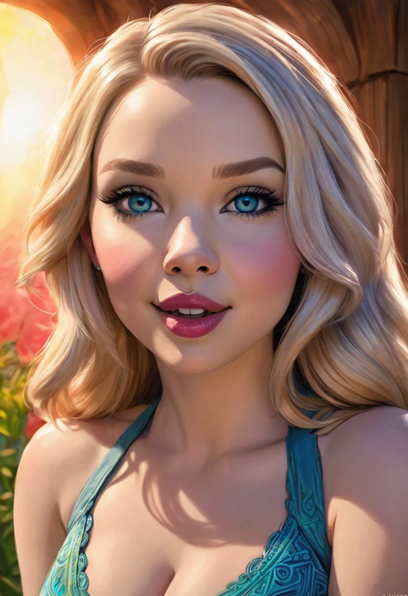 Create an illustrated, hand-drawn, full-color image of an humanoid, hybrid, anthropomorphic, sexy pig woman. The artwork should be rendered in the style of "Breath of the Wild," featuring warm lighting and shadows. Include graphite shading, stencil marks, and airbrushed acrylic paint effects. The image should be of the highest quality, a masterpiece with intricate details. The pig woman should have a female, humanoid, appearance. She should have luscious lips, a wide smile, and bright, expressive eyes, exuding beauty, cuteness, and adorableness. Ensure the image is high resolution and sharply detailed, with a detailed and vibrant background. Scarlett Johanson, Alison Brie, Dove Cameron Incorporate mystical lighting in the background, creating a romantic and enchanting atmosphere.
