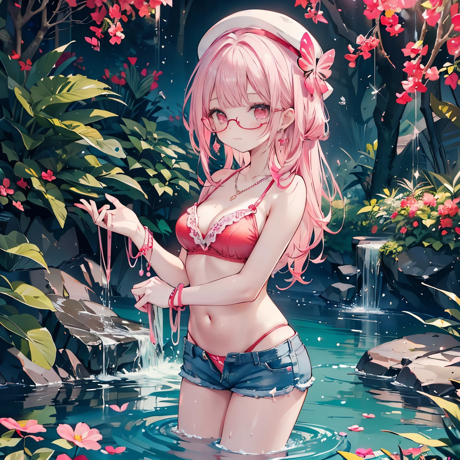 looking back,high angle,from above,cleavage,(wearing elegant pink frame glasses),
(beautiful pink and green butterflies and dragonflies all over the place),colorful flowers,fantasy beams and lights,
((masterpiece:1.4, best quality)), ((masterpiece, best quality)),low angle,beautiful pony tail silver red hair,beautiful red eyes,little cute girl,wet full body, bathing in the water,water falls,water splash,lovely laugh,denim shorts,elegant pink and red hat, ((pink and red elegant string tied summer bikini)), (Lace chalker, wristband, diamond necklace,earrings),cinematic lighting and pause,beautiful natural mysterious park,night sky,full moon,(beautiful pink and green butterflies and dragonflies all over the place),