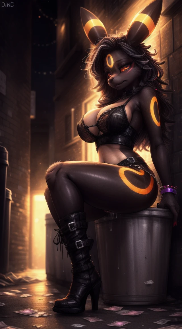 uploaded on e621, (((by Dimwitdog))), solo female (((umbreon))), wear (((slutty street hooker outfit))), (detailed umbreon), pokemon, (detailed lighting),(detailed fur), (detailed big breasts), big breasts, (detailed skin), BREAK, ((in an alley at night)), (cinematic lighting), ((detailed background)), ((depth of field)), (half body shadow), ((looking at viewer)), (low-angle view), ((three-quarter view)), [backlighting], [detailed ambient light], [gray natural lighting], [ambient light on the belly], [realistic proportions], [explicit content, adult, nsfw], [sharp focus], (questionable content), (shaded), (hi res), ((masterpiece)), half-closed eyes, bimbo, (prostitute), money, condom wrapper strip, (spread legs), sitting on a trash can, (detailed pussy), tank top, hooker boots, ("jaded and sad" expression), (after prostitution), sloppily dressed, used condom, (wide hips), big ass, aftersex, cum in pussy, bimbo, bimbo hair, long hair,
