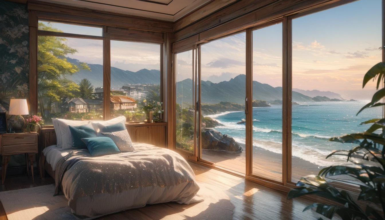 Holiday Homes, Large windows and beautiful views,Inside the room,Blur the background,Pleasant sea breeze,Glitter effect,Highest quality, 8K, High resolution, masterpiece:1.2, Very detailed, Realistic:1.37, High resolution, 超High resolution, Ultra-fine painting, Very detailed, Professional, Vibrant colors