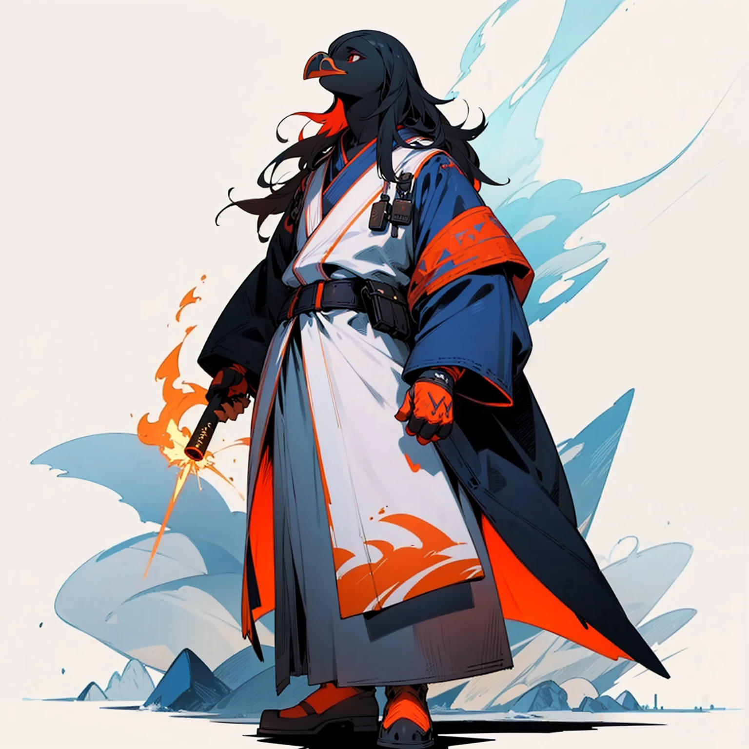 Add a background in the snowy arctic area, morning silhouette light, fiery explosions in the background, smoke, and shining lights, full body version, Puffin head, Red eyes, long Shaggy hair, blue robe, Molotov cocktail at waist, belt, handkerchief