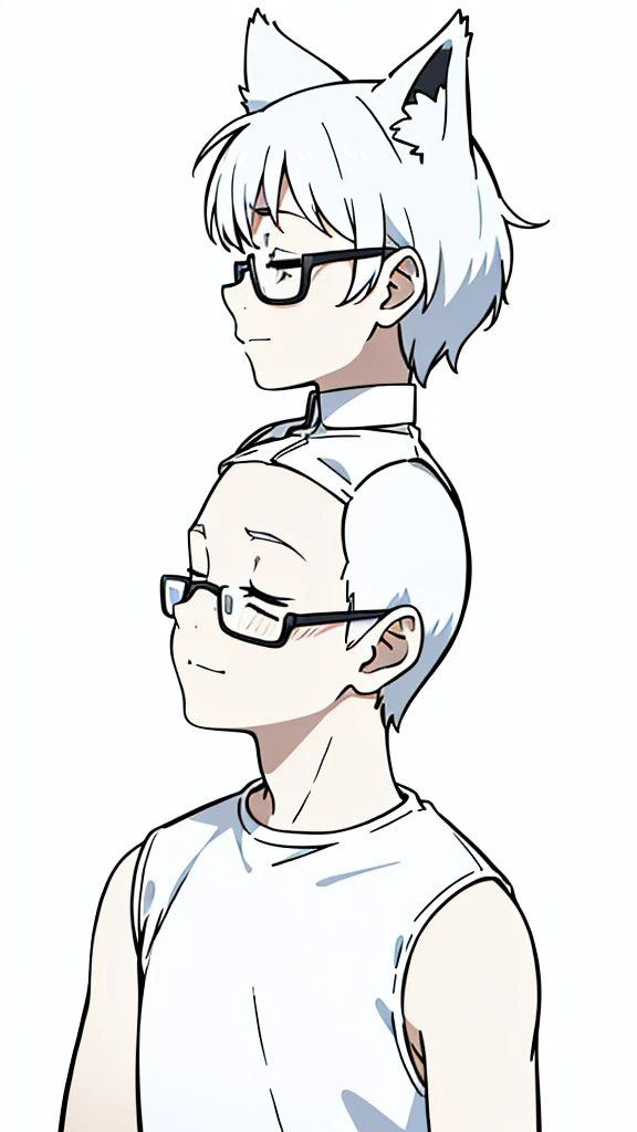 (1boy,10 years old,???),solo,happy,white hair,short hair,fox ears,white shirt,sleeveless,upper body,(white background,line drawing),white glasses,profile,closed eyes,scared