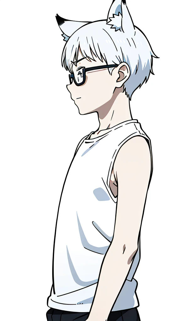 (1boy,10 years old,),solo,happy,white hair,short hair,fox ears,white shirt,sleeveless,upper body,(white background,line drawing),white glasses,profile,closed eyes,scared