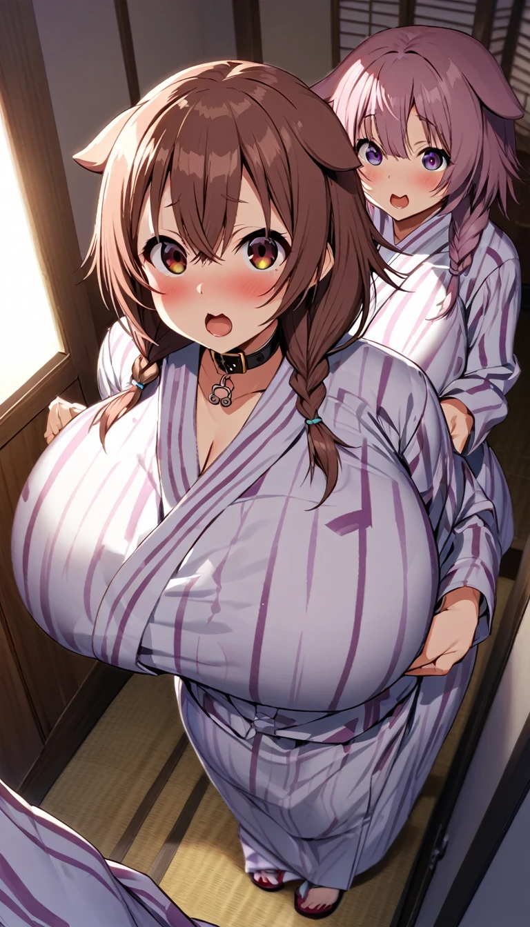 inugami korone,nekomata okayu,2girl,Females in heat,mating season,blush,open mouth,yukata,collar,gigantic huge breasts,looking at viewer,Taken from the viewpoint above,upturned eyes,near,standing up,Lined up,ryokan,in room