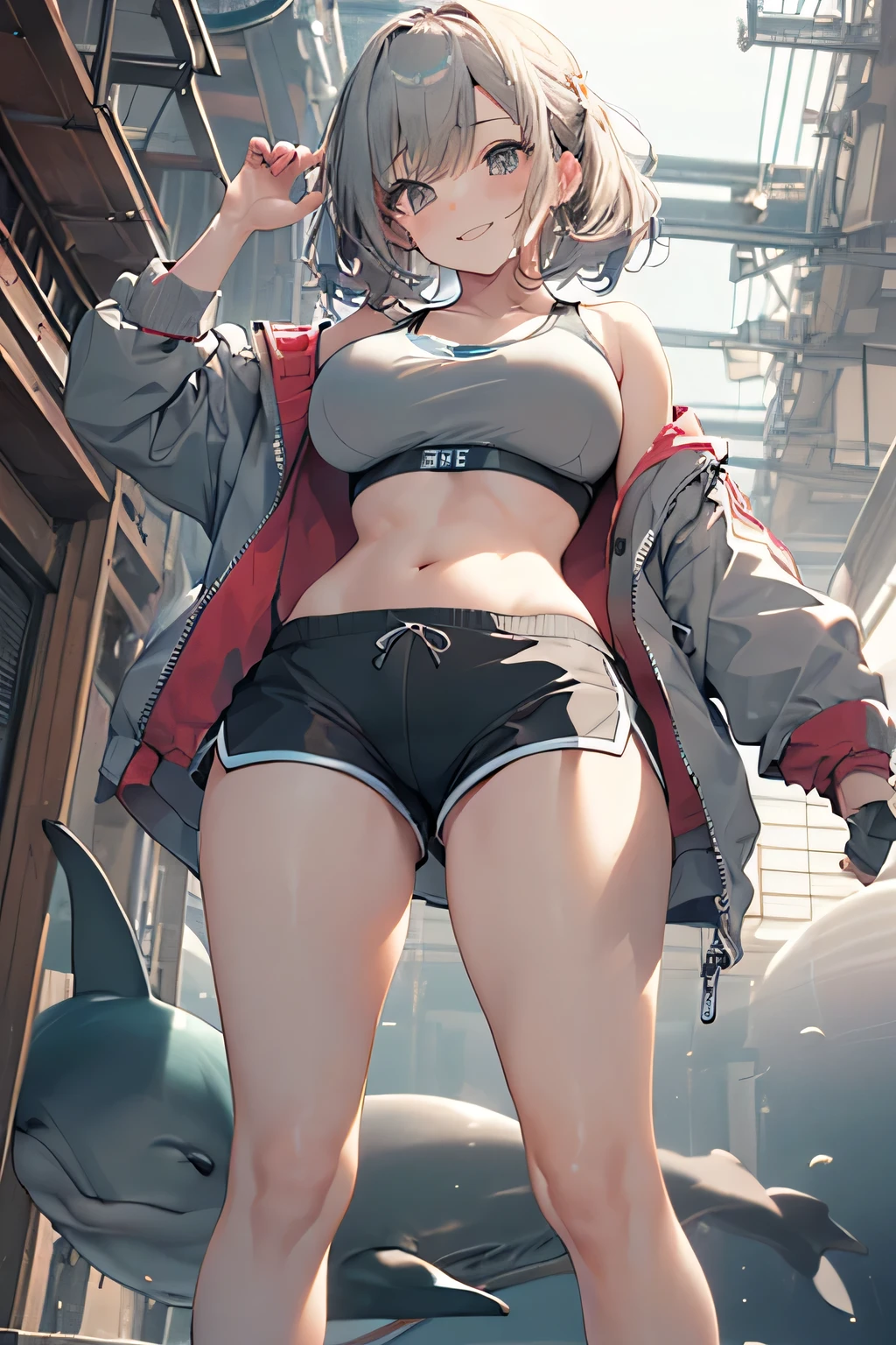 (((Perfect photo))), One Girl, alone, , Azusa Nakano, , Jacket, View your audience, smile、((濡れたBetween the legs)), SFW with hidden breasts, Big ample breasts!, SFW Big, Beautiful and seductive anime woman, Big ample breasts!!, Bust ratio adopted, Highest quality, Official Art, Best Anatomy, ((Grey sports bra and grey dolphin shorts,:1.5))、(((Grey dolphin shorts and vagina visible between the legs))))、Glowing Skin、Cowboy Shot, (Extreme close-up of the cliff from below)、(((From below、Between the legs,Focus the head, chest and legs in the center of the screen.:1.8)))