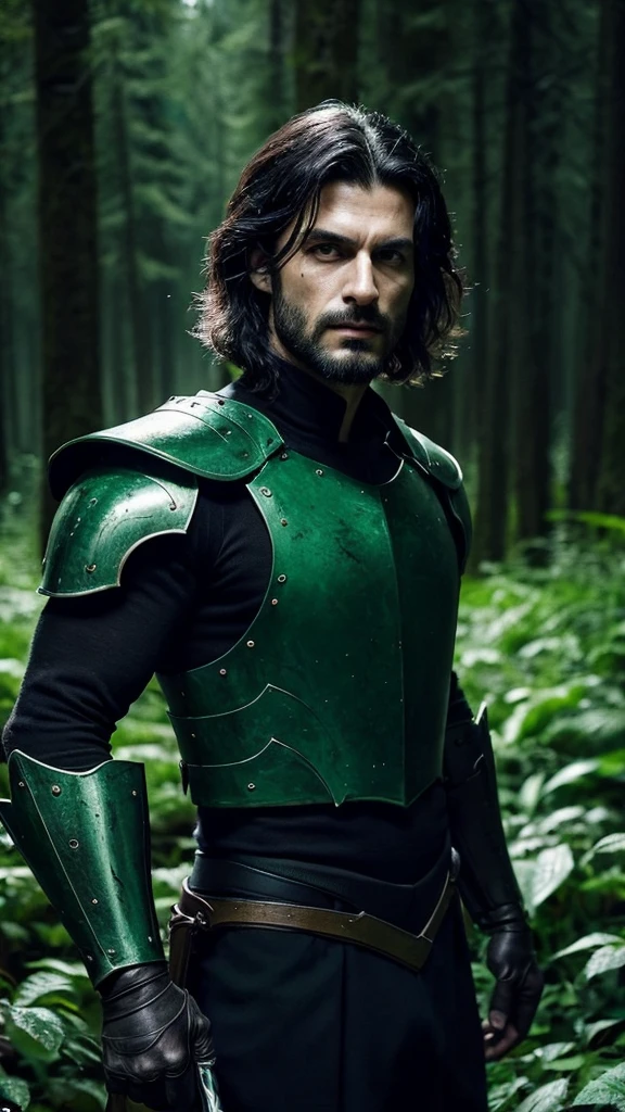 Italian handsome man, age 38, black hair , emerald eyes , fine nose, extremamente musculoso, with sinister black armor, holding a longsword, in a gloomy forest under the red moon