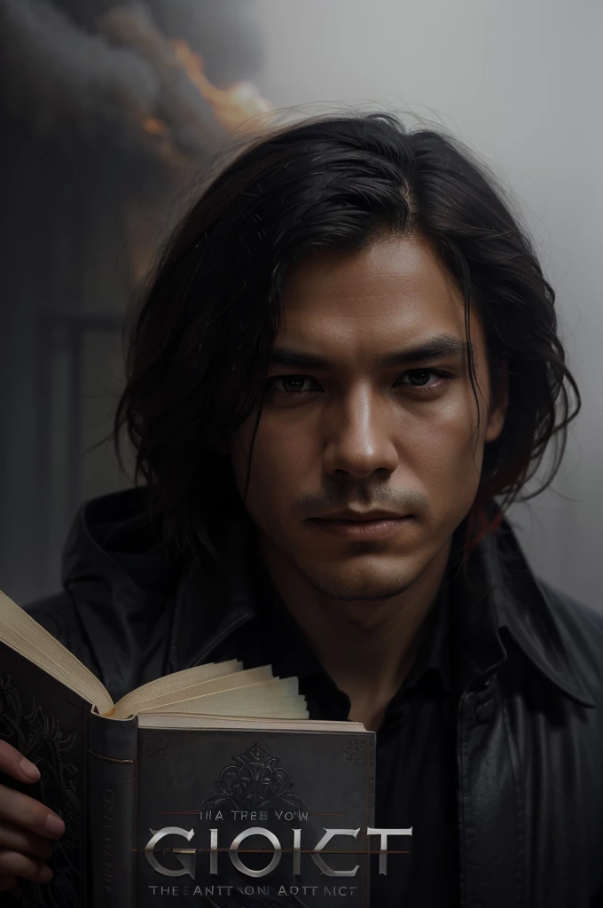 a close up of a book cover with a man in a coat, art cover, some mist grey smoke and fire, novel cover art for a book, (mist), graphic novel cover art, artgerm and ben lo and mucha, (((mist))), smoke and mist, dark and misty, red mist, young adult fantasy novel cover, by Carey Morris