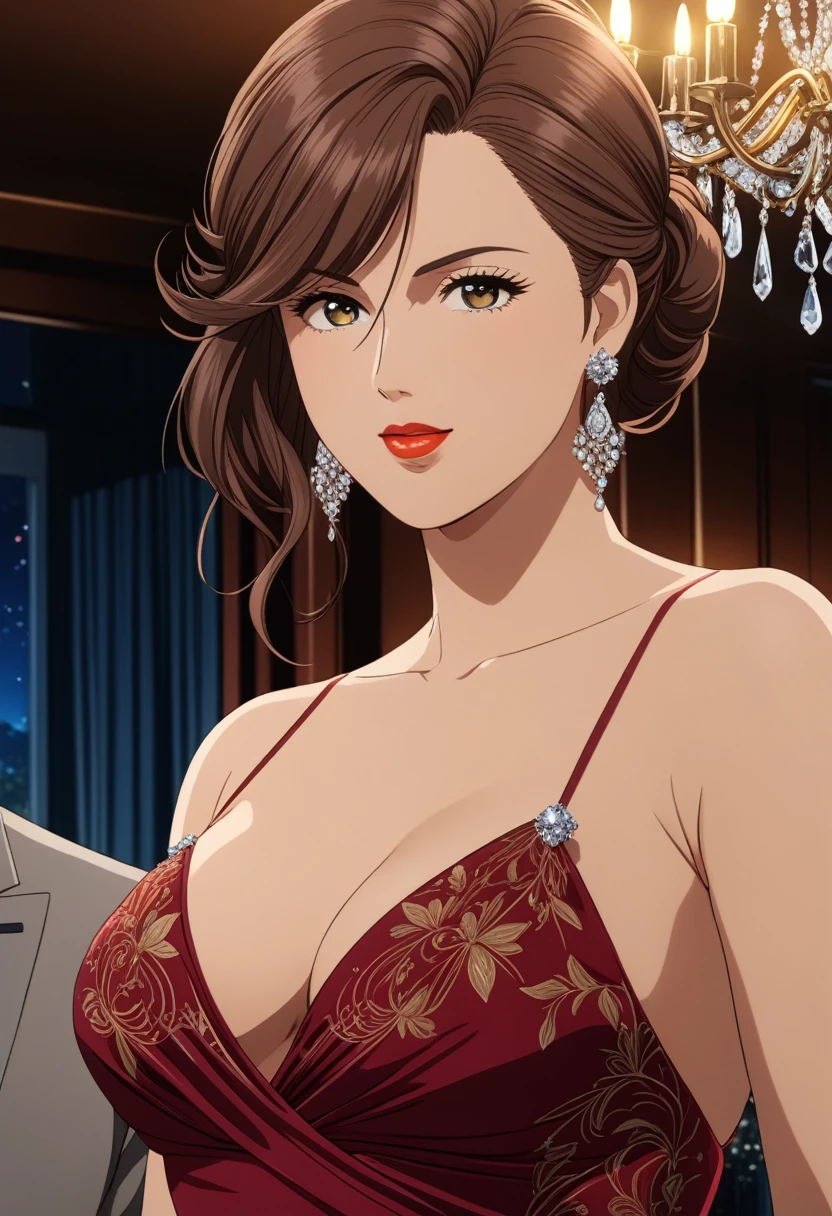 (best quality, 4k, masterpiece:1.2), ultra-detailed, (anime, manga, Tsukasa Hojo style:1.37), 1 woman, elegant evening gown, curvy figure, luxurious fabric, sophisticated hairstyle, chandelier earrings, cocktail  setting, warm lighting, rich colors, beautiful detailed eyes, beautiful detailed lips, extremely detailed eyes and face, long eyelashes