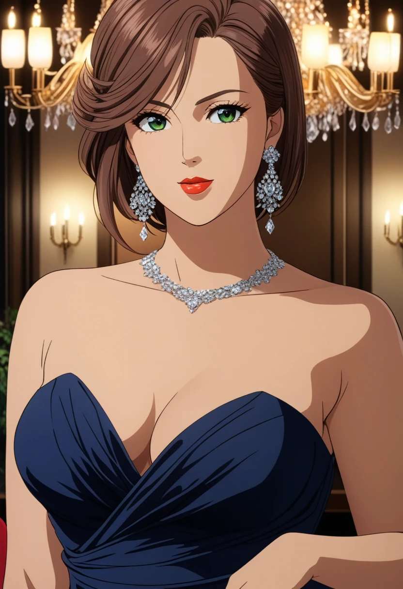 (best quality, 4k, masterpiece:1.2), ultra-detailed, (anime, manga, Tsukasa Hojo style:1.37), 1 woman, elegant evening gown, curvy figure, luxurious fabric, sophisticated hairstyle, chandelier earrings, cocktail  setting, warm lighting, rich colors, beautiful detailed eyes, beautiful detailed lips, extremely detailed eyes and face, long eyelashes