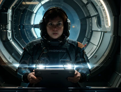 woman astronaut, holding helmet, space station, muted color, 4K resolution, Close UP of intergalactic ship using thrusters to reach the speed of light in the universe ,The captain of the astronauts is a plump, chubby man, extremely thick thighs, a large belly, fat. Passing inside the spaceship laboratory , he checks an analysis under the microscope. His arms are holding digital analysis devices. He wears a spacesuit. A humanoid creature similar to a lizard and fish talks to the astronaut.An astronauts back infront of a colossal ship in space.