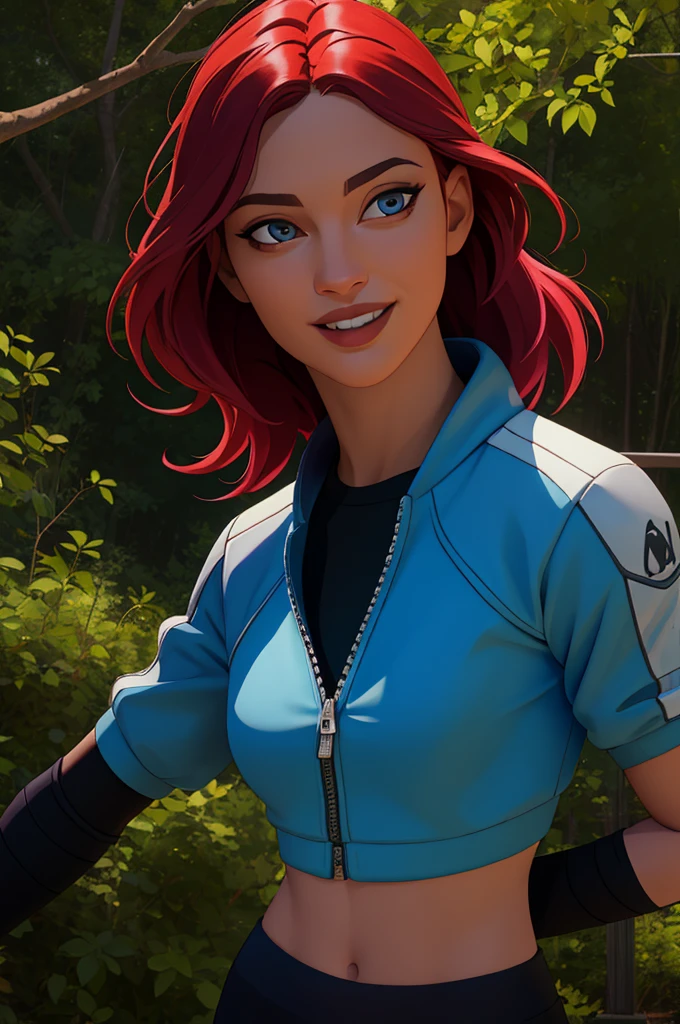 ((((masterpiece, best quality, high resolution)))), (Ultra HD, Ultra-detailed, Highly detailed, Highly realistic, Ultra-realistic, photograph realistic), (sunbeam, sunlight), 1 female, standing, (solo), looking at viewer, high detailed,extremely detailed, fine eyes, smile, dynamic pose, short red hair, cap, crop top, jacket, fingerless glove, curvy, forest, (gray leggings), (portrait:1.2), EnvyBetterHands LoCon