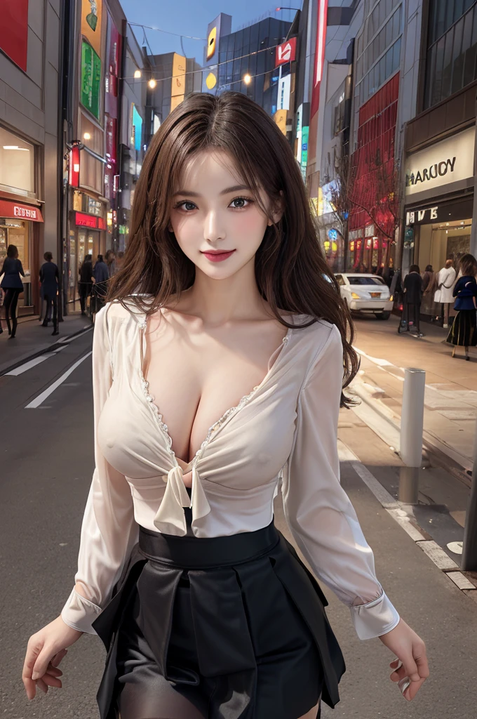 Tabletop, Highest quality, figure, Super detailed, In detail, High resolution, 8k wallpaper, Perfect dynamic composition, Beautiful attention to detail, Wavy long hair,Big breasts Natural color Lips, Sexy pose,smile,Harajuku、25-year-old woman、Beautiful woman、Looking at the camera、Super Real、(((Reality:1.5))),(((blouse、skirt:1.5)))、Standing posture、Top view、Brown Hair、blue eyes、(((The Perfect One Woman:1.5)))