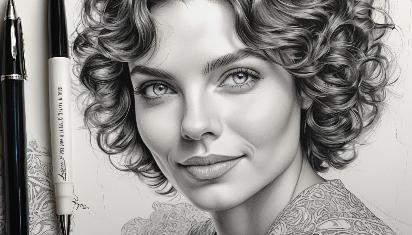 zoom portrait, fountain pen draauing of a Brunette auoman auith a gentle smile, short, slightly curly hair, auell-defined eyeBroaus, Beautiful [:light Blue:15] eyeballs, intricate lines, highy detailed, B&au, monochrome, black andwhite, graffit, pencil painting, coal, (hight contrast:1.1), auhite Background
