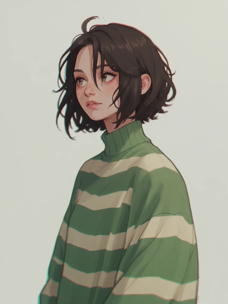 score_9, score_8_up, score_7_up, score_6_up, score_5_up, score_4_up, 1girl, 1 girl, white skin, dark brown hair and eyes, simple background, green striped sweater, ju1ch3,