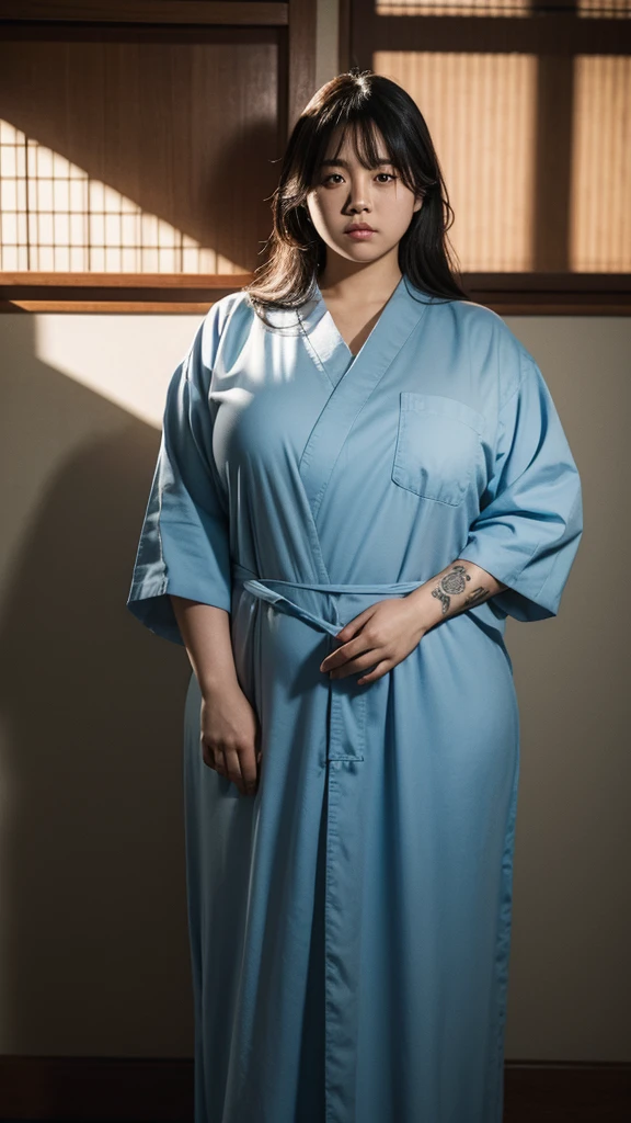 realistic portrait, highly detailed, photorealistic, 1 obese japanese woman, wearing prisoner uniform, full body tattoos, serious expression, in prison setting, cinematic lighting, dramatic shadows, vibrant colors, digital art, hyperrealistic, award winning photography