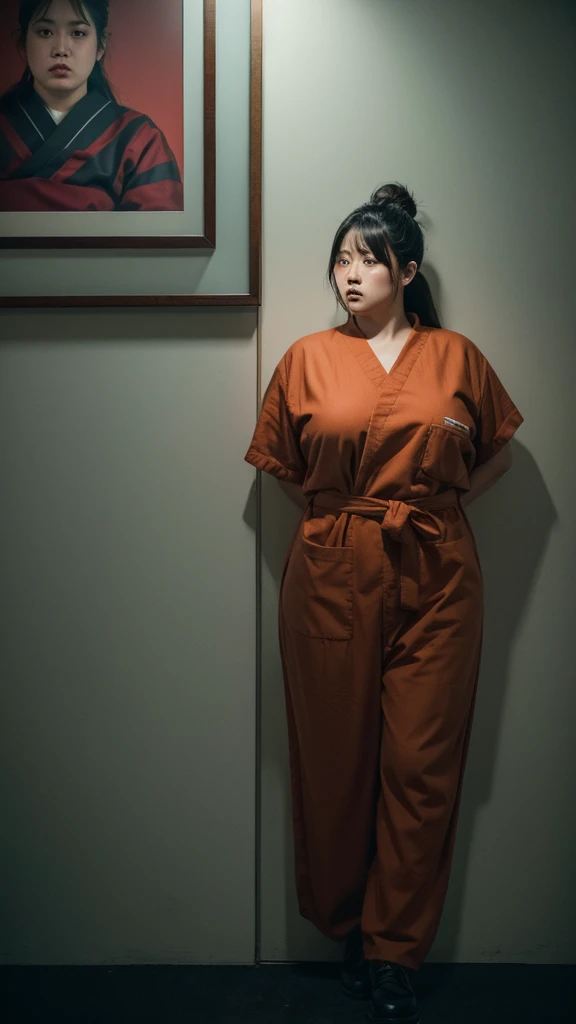 realistic portrait, highly detailed, photorealistic, 1 obese japanese woman, wearing prisoner uniform, full body tattoos, serious expression, in prison setting, cinematic lighting, dramatic shadows, vibrant colors, digital art, hyperrealistic, award winning photography