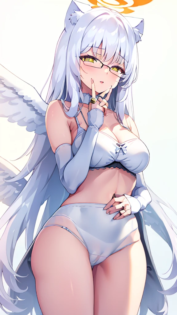 An 18 year old female angel with long, white hair, yellow eyes, white cat ears, and large white angel wings. yellow halo ring round white glasses sexy white bra, white arm warmers Finger touching pussy lips, standing, looking down