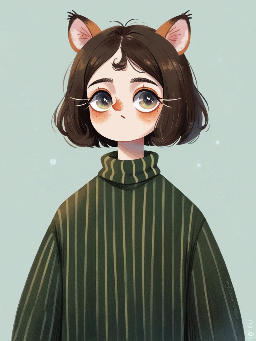 score_9, score_8_up, score_7_up, score_6_up,   r3dn0s3, solo, 11 ??? girl, dark brown hair and eyes, simple background, green striped sweater