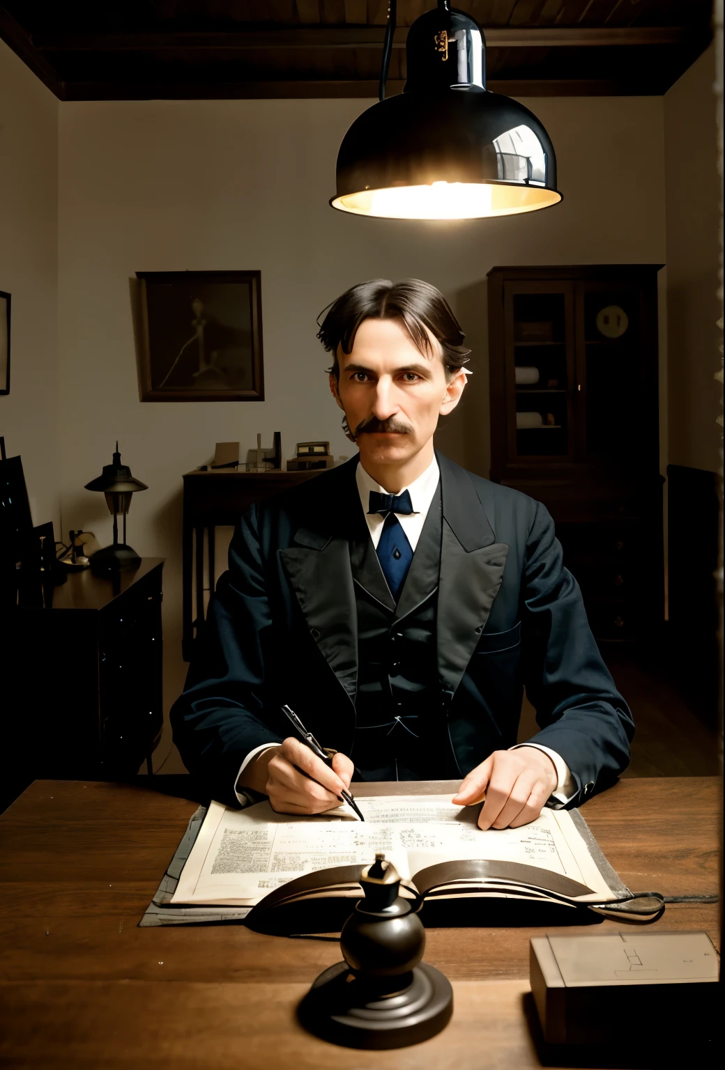 A portrait of Nikola Tesla in his later years, sitting in a dimly lit room cluttered with papers and blueprints. The room has a sense of controlled chaos, with Tesla gazing thoughtfully at a prototype model of one of his lost inventions. The light from a small lamp highlights his intense focus