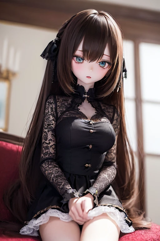 (SFW:2), photorealistic, realistic photo, ((highest quality)), ((masterpiece)), (extremely detailed), kukolnydom, doll, (mature woman, 20yo, 20 years old:1.6), solo, ((cowboy shot, sitting on sofa, reclining on sofa, skinny, slender, slim, brown hair, parted lips)), green eyes, (looking down:1.3), (eyes out of focus, emotionless eyes, blank stare, empty eyes, detailed eyes, detailed face), dress, castle, 8k