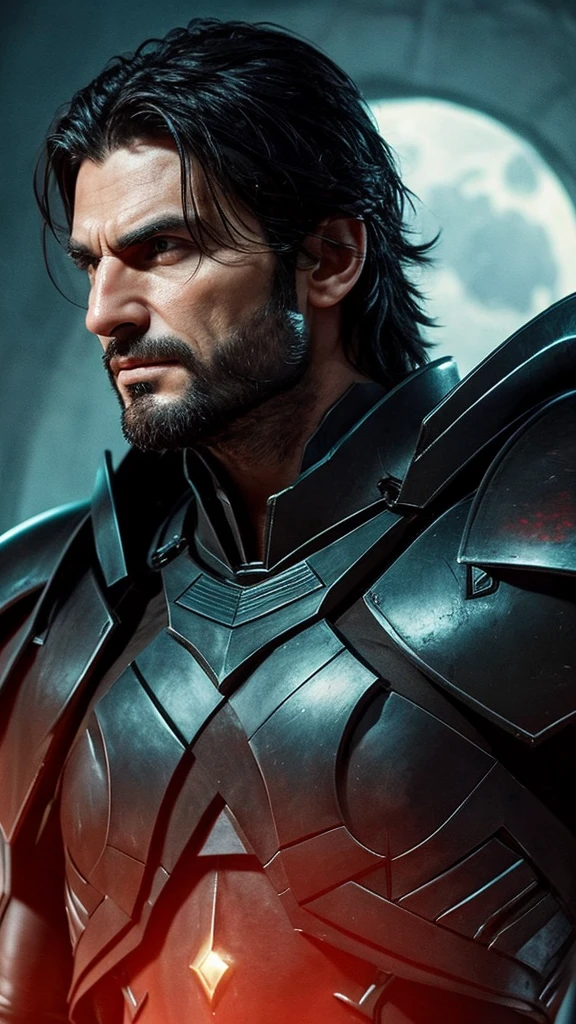 Italian handsome man, age 38, black hair , greeneyes ,  fine nose, extremamente musculoso, with sinister black armor, holding a longsword, over the red moon 