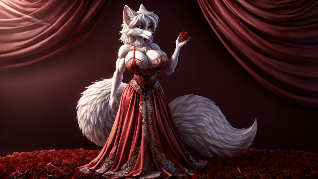 Skye from Paw Patrol, as a female white fox, soft fluffy white hair, mature adult, big breasts, big butt, muscular, slim, smooth skin, smooth fur, fluffy tail, roses dress, covered in roses, yandere, lovey dovey, crazy, standing, serious, detailed, solo, beautiful, high quality, clean background, 4K