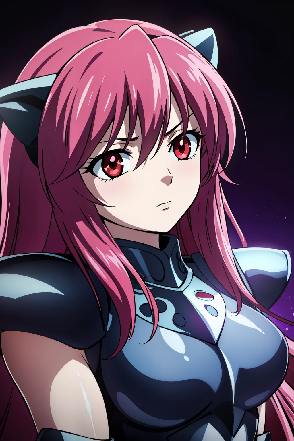 (high-quality, breathtaking),(expressive eyes, perfect face) portrait, Symmetrical Eyes, 1girl, female, solo, looking at viewer, portrait, black background, soft eerie blue lighting background, rock terrain background, Hades Armor, Hypnos Saint Seiya Armor, Thanatos Saint Seiya Armor, Dark Purple Armor, trim, full plate, feminine face, half body shot, nyuu, long hair, (red eyes:1.3), pink hair, horns, 
