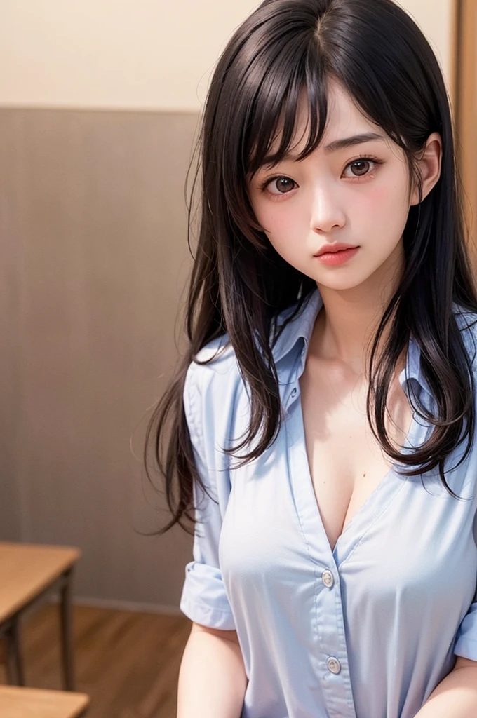 (1 nogizaka girl,15years old face,raw photo,photo realistic:1.5),(best quality, high quality,HDR, highest quality,ultra high resolution,high resolution,high res,ultra high difinition,huge file size,8K,2K wallpaper,8K wallpaper,high quality texture,amazing,an extremely delicate:1.4),one girl, Japanese famous idol,cute face,small face,absurd,ridiculous,incredibly ridiculous,blurry background,(school uniform,short hair,cleavage,no makeup:1.2),medium skin,beautiful skin,detailed skin,black hair,silky hair,black eyes,Japanese nose,5-fingers,(Light Particles, Lens Flare, Luminous Particles: 0.7),looking at viewer,bright lighting,professional lighting,girl