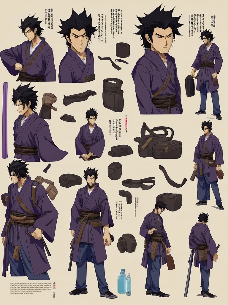 Draw Toji Gamurai, a tall, slender samurai of 1,86m. He has well-defined muscles and a serene face, but tired, with purple eyes. Her hair is black and messy, and he wears a shaggy beard. Toji wears typical Japanese clothing, including a fanny pack full of assorted items, knight&#39;s gloves and traditional sandals. He displays a friendly and determined expression."