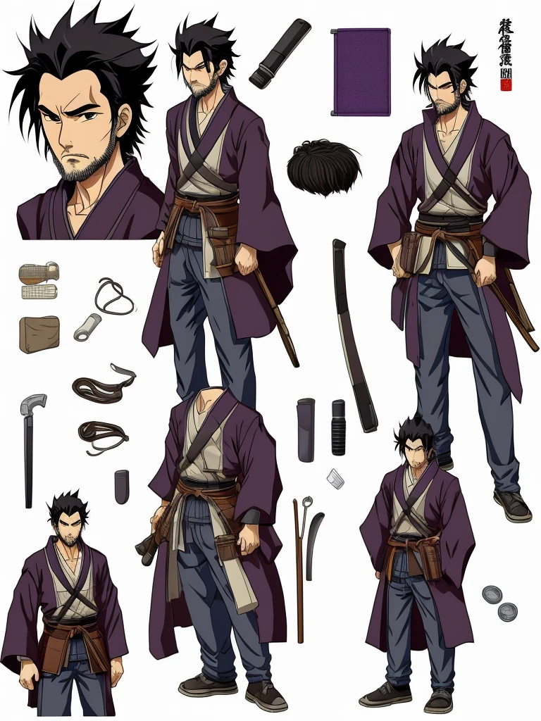 Draw Toji Gamurai, a tall, slender samurai of 1,86m. He has well-defined muscles and a serene face, but tired, with purple eyes. Her hair is black and messy, and he wears a shaggy beard. Toji wears typical Japanese clothing, including a fanny pack full of assorted items, knight&#39;s gloves and traditional sandals. He displays a friendly and determined expression."
