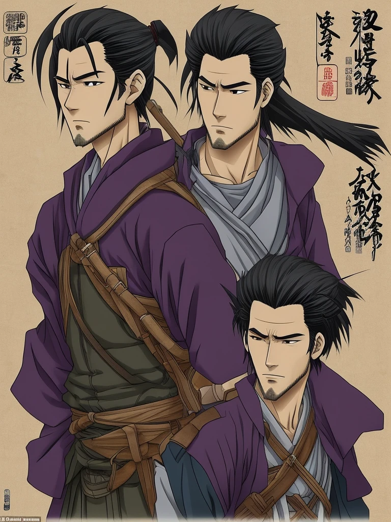 Draw Toji Gamurai, a tall, slender samurai of 1,86m. He has well-defined muscles and a serene face, but tired, with purple eyes. Her hair is black and messy, and he wears a shaggy beard. Toji wears typical Japanese clothing, including a fanny pack full of assorted items, knight&#39;s gloves and traditional sandals. He displays a friendly and determined expression."