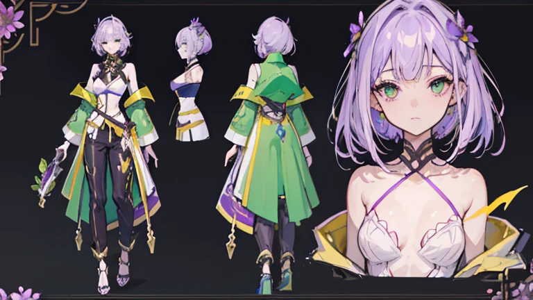 (Masterpiece, best quality), detailed, 1 woman, ((character concept art)), ((character design sheet, same character, front, side, back)), full body, body complete, 1 female, 1 women. Detailed face, character design sheet full body, Highly detailed, character sheet, character design, Many parts, pale skin, green eyes, short purple hair, lavender flower reference, lavender flower character reference, lavender flower inspired, male clothes, flat chest, Solarpunk, Solarpunk reference, Solarpunk based outfit, pants, green, dark gray, gold.