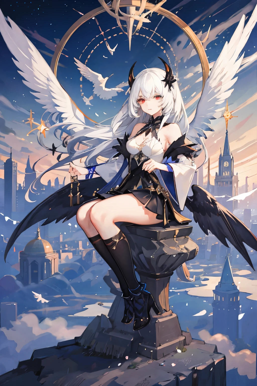ultra quality, detailed, masterpiece, 16k, high resolution, beautiful, amazing, charming, elegant, stylish
BREAK
(1 girl, (she is half angel and half devil))
BREAK
[((((angel wings ,white wing, jet black wing))):1.4)], (multicolored hair, (white hair, black hair):1.4), (heterochromia, (blue eye, red eye): 1.4), (A dress that mixes white and black)
BREAK
Surreal landscape blending celestial and infernal elements seamlessly., Vivid sky with swirling clouds, merging soft pastels with dark hues., Towering mountains or cliffs adorned with celestial and infernal imagery., Tranquil body of water reflecting the celestial and infernal skies., Flora and fauna from both realms coexisting harmoniously., Integrate light and shadow to symbolize the potential for balance and unity., Overall, evoke a sense of otherworldly beauty and serenity.
BREAK
(glowing light), (light particles), (light sparkles), (light diffusion), photorealism,  highly detailed