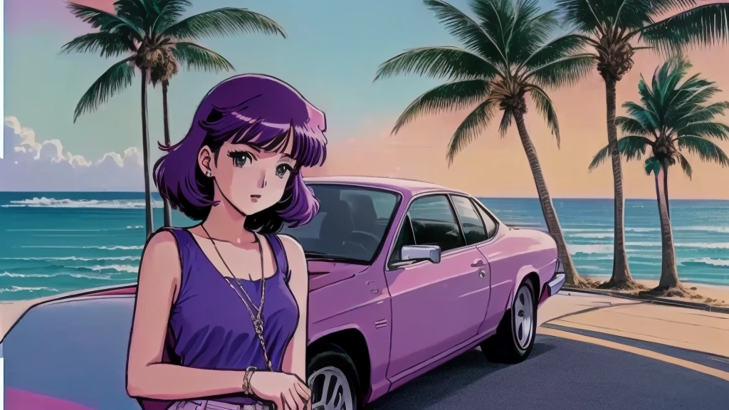 anime cute girl in purple car with palm trees and ocean in background, lofi girl, art deco outrun anime aesthestic, lofi artstyle, lofi girl aesthetic, lofi aesthetic, 8 0 s anime vibe, lofi art, anime vibes, anime aesthetic, lofi vibes, lofi feel, in the art style of 8 0 s anime