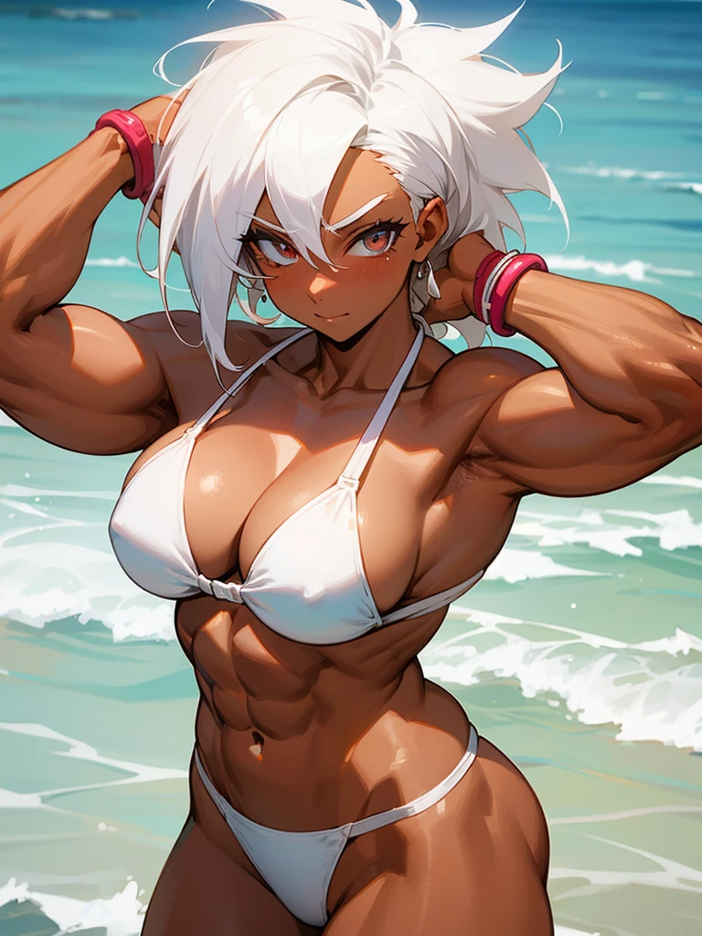 18 year old anime muscle mommy with white hair and tanned skin in a white thong bikini flexing her muscles with her hands behind her head so they are not seen to pridefully show off her abs on a white sanded beach, highly detailed 