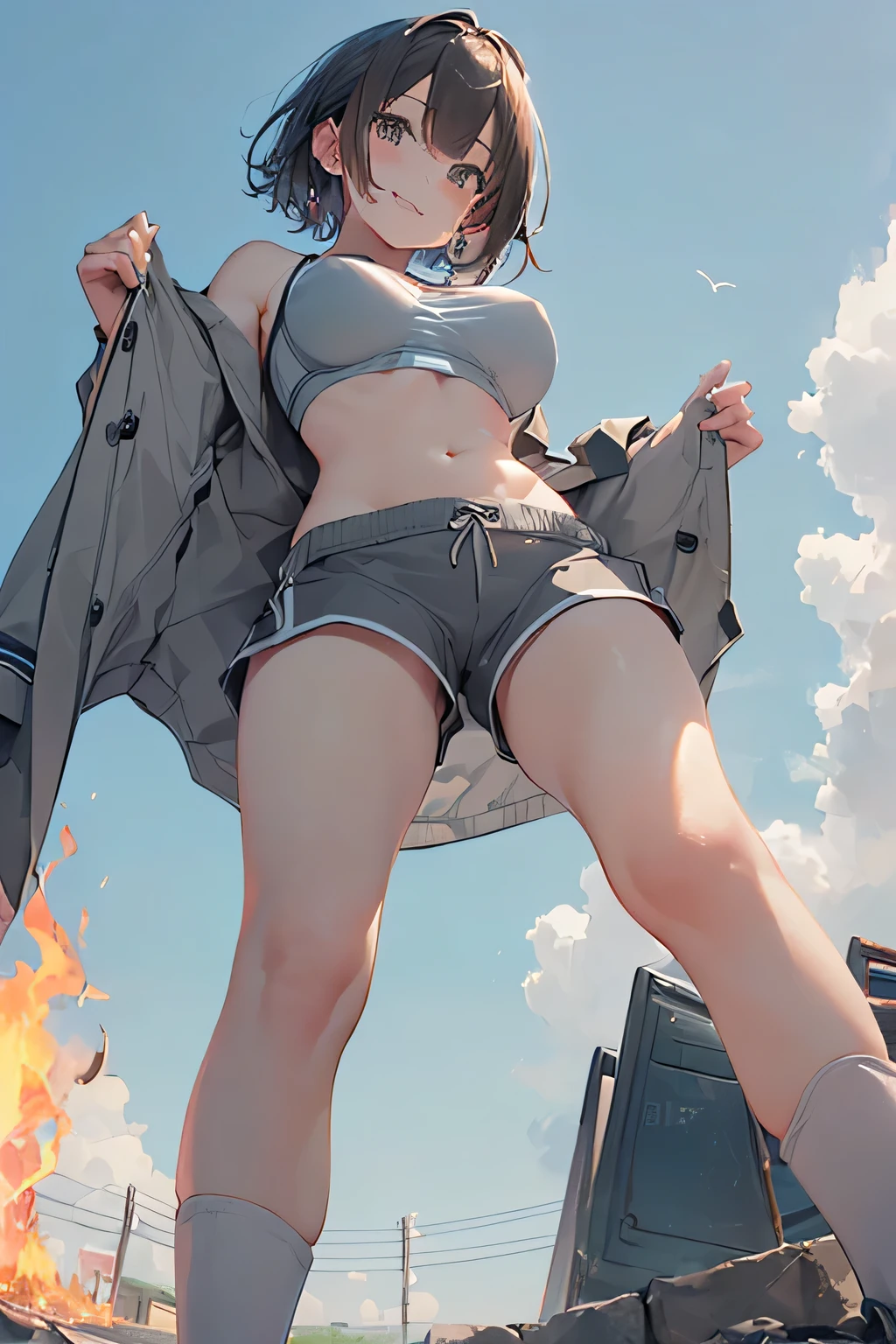 (((Perfect photo))), One Girl, alone, , Azusa Nakano, , Jacket, View your audience, smile、((濡れたBetween the legs)), SFW with hidden breasts, Big ample breasts!, SFW Big, Beautiful and seductive anime woman, Big ample breasts!!, Bust ratio adopted, Highest quality, Official Art, Best Anatomy, ((Grey sports bra and grey shorts,:1.5))、(((The vagina is visible through the grey shorts and between the legs.))))、Glowing Skin、Cowboy Shot, (Extreme close-up of the cliff from below)、(((From below、Between the legs,Focus the head, chest and legs in the center of the screen.:1.8)))