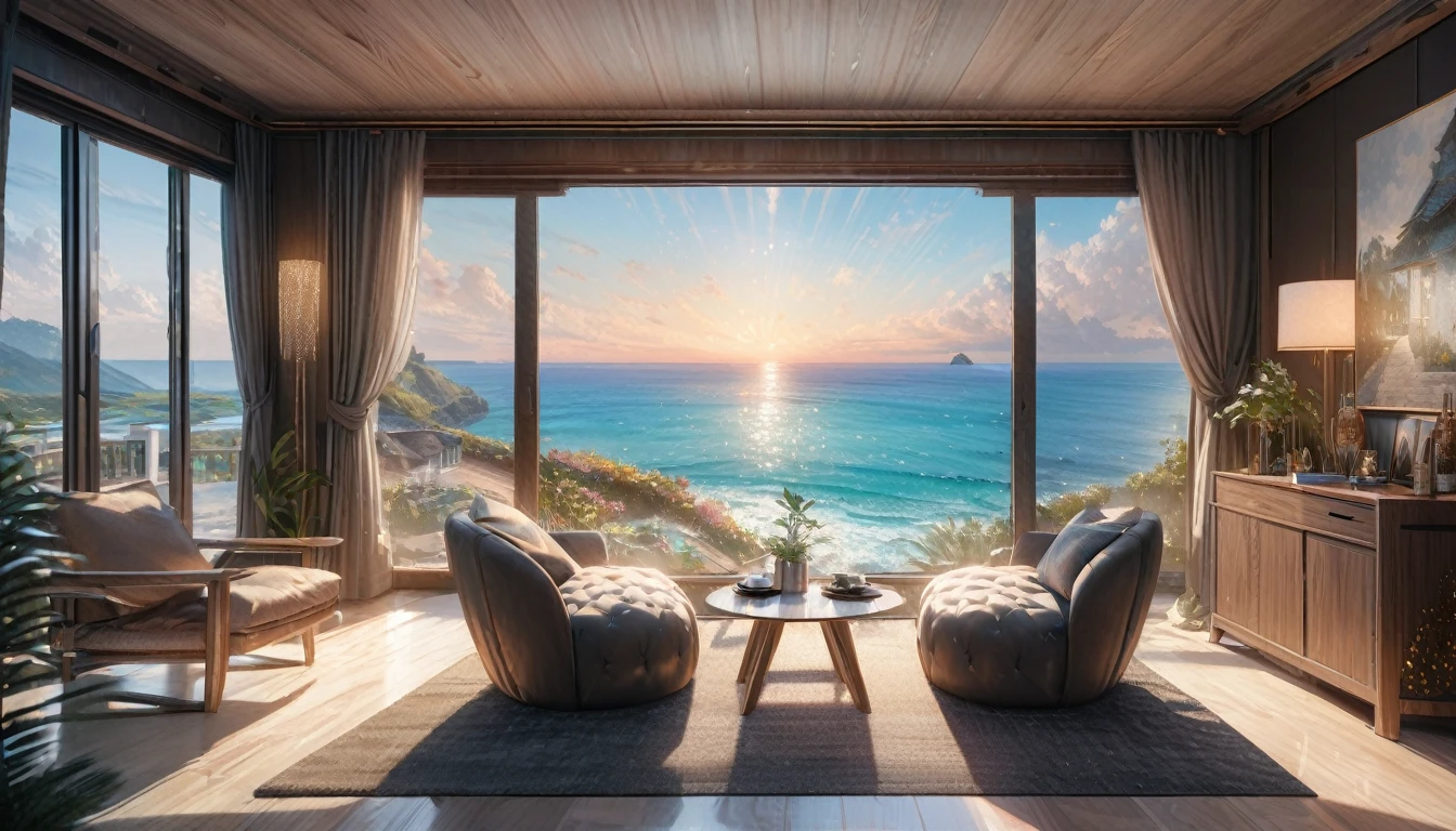 Holiday Homes, Large windows and beautiful views,Inside the room,Blur the background,Pleasant sea breeze,Glitter effect,Highest quality, 8K, High resolution, masterpiece:1.2, Very detailed, Realistic:1.37, High resolution, 超High resolution, Ultra-fine painting, Very detailed, Professional, Vibrant colors