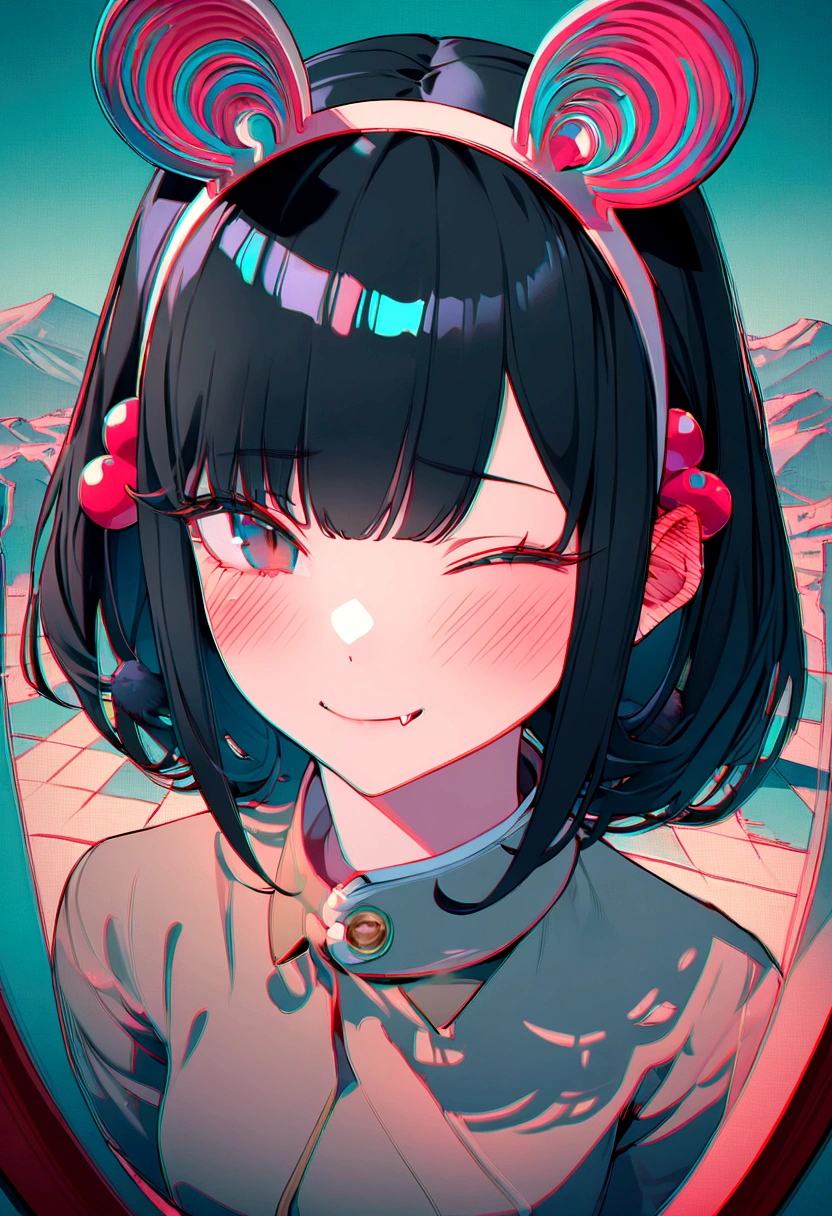 black hair, hair bobbles, wince, longeyelashes, solid circle eyes, fake animal ears, light smile, ear blush, fang, ccurate, Surrealism, drop shadow, anaglyph, stereogram, tachi-e, pov, atmospheric perspective, 8k, super detail, best quality