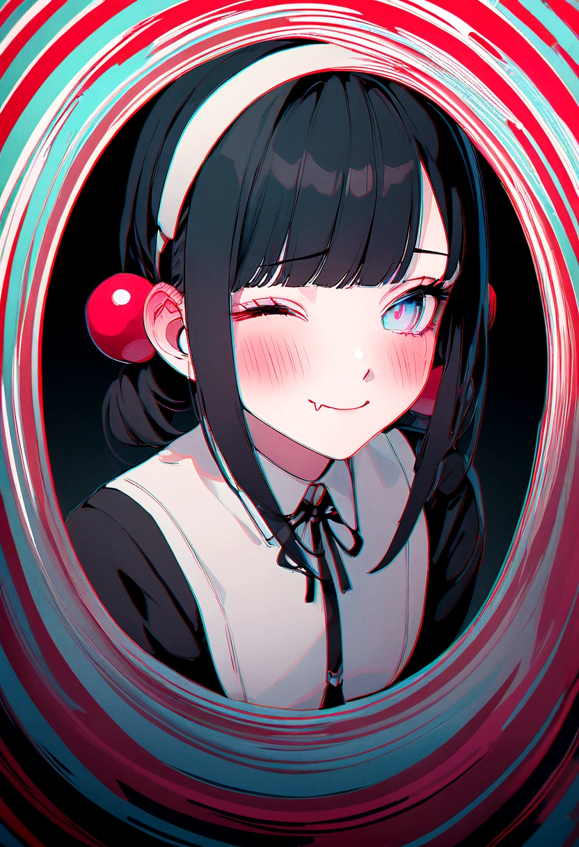 black hair, hair bobbles, wince, longeyelashes, solid circle eyes, fake animal ears, light smile, ear blush, fang, ccurate, Surrealism, drop shadow, anaglyph, stereogram, tachi-e, pov, atmospheric perspective, 8k, super detail, best quality