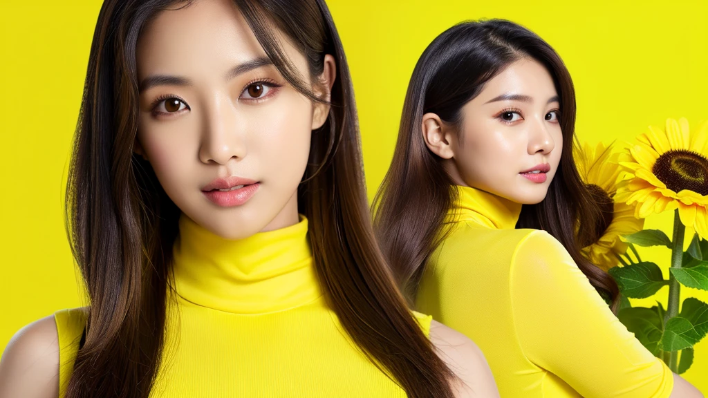 a sunflower and female,(detailed face),VIVID,pretty,sleeveless and turtle neck yellow silky clothes,4k ,super high resolution ,(photo-realistic: 1.7),((yellow background)),black long hair,